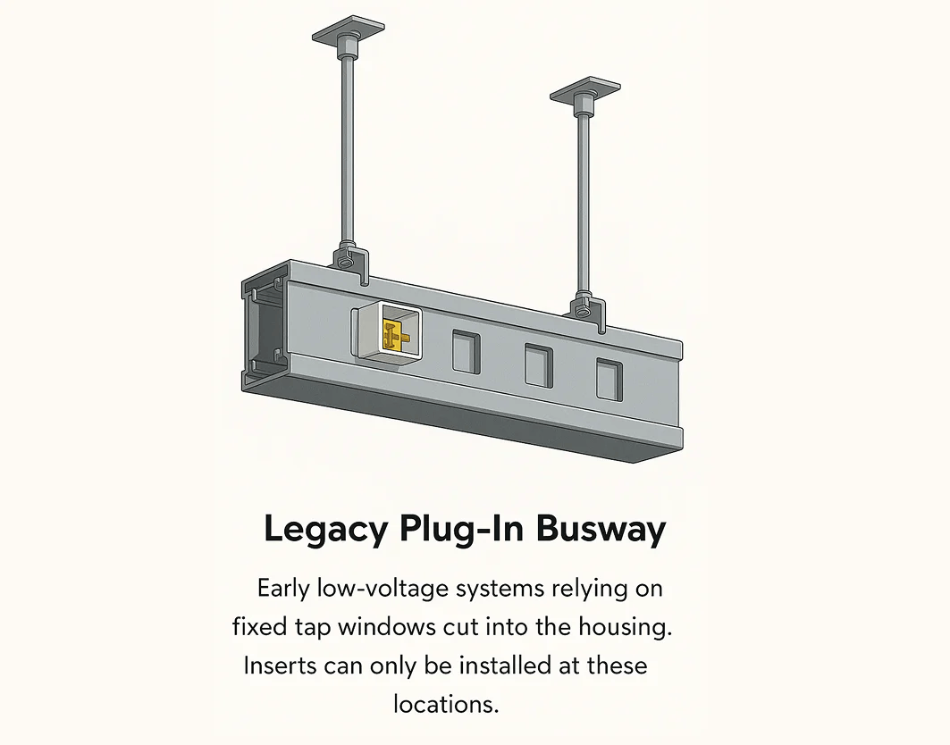Legacy plug-in busway with fixed tap-off window locations that limit where plug-in units can be installed along the run